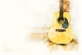 Abstract colorful shape on acoustic guitar in the foreground on watercolor painting background.