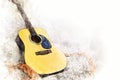 Abstract colorful shape on acoustic guitar in the foreground on watercolor painting background. Royalty Free Stock Photo