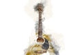 Abstract colorful shape on acoustic guitar in the foreground on watercolor painting background. Royalty Free Stock Photo