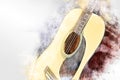 Abstract colorful shape on acoustic guitar in the foreground on watercolor painting background. Royalty Free Stock Photo