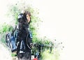 Abstract colorful shape on beautiful girl teen walking with bicycle on watercolor illustration painting.