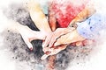 Abstract colorful handshake for business teamwork concept on watercolor illustration paint background.