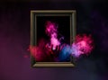 Colorful smoke with hand reaching out from wooden frame Royalty Free Stock Photo