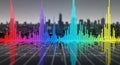 Abstract Colorful Sound Wave Spectrum Over City Skyline equalizer audio Royalty Free Stock Photo