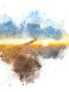 Sunset and clouds from the plane window on watercolor illustration painting background. Royalty Free Stock Photo