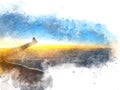 Sunset and clouds from the plane window on watercolor illustration painting background. Royalty Free Stock Photo