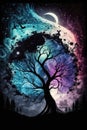 Abstract colorful swirl galaxy into a fantasy magical tree. Enchanted night cosmos design. Star nebula silhouette.