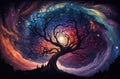 Abstract colorful swirl galaxy into a fantasy magical tree. Enchanted night cosmos design. Star nebula silhouette.