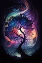 Abstract colorful swirl galaxy into a fantasy magical tree. Enchanted night cosmos design. Star nebula silhouette.