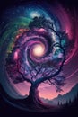 Abstract colorful swirl galaxy into a fantasy magical tree. Enchanted night cosmos design. Star nebula silhouette.