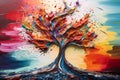 abstract colorful tree with splashes of paint on a colorful background in acrylic stle