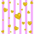 Abstract colorful VECTOR background. Golden hearts on striped white and pink background. Festive backdrop.