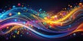 Abstract colorful waves of light and sparkling particles flowing dynamically across a dark background. Generative AI Royalty Free Stock Photo