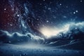 Abstract colorful winter wonderland. Night sky with sparkling snow and gusting snowflakes. Stars and lights Royalty Free Stock Photo