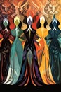 Abstract colorful women dancers. Religious Arabian women painting. Surreal illustration.