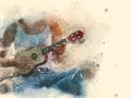 Abstract women playing acoustic guitar watercolor paint.