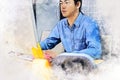 Young business man smile portrait and thinking at desk on watercolor illustration painting background. Royalty Free Stock Photo