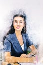 Young business woman smile portrait and thinking at desk on watercolor illustration painting background. Royalty Free Stock Photo