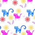 Abstract colorful  cats seamless pattern. It is located in swatch menu, vector illustration. Mixed media design Royalty Free Stock Photo