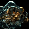 Abstract, complex 3D structure featuring intertwined metallic gold and translucent