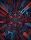 Abstract complex geometric pattern with a central circular element, in shades of blue and red, Generative AI