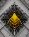 Abstract complex Sierpinski triangle with sharp, angular shapes in yellow and black colors, resembling a futuristic pyramid