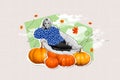 Abstract composite artwork photo collage of good mood woman lay on pumpkins at garden in october on creative