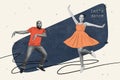 Abstract composite creative photo collage of adorable woman funny positive man dancing together at party isolated on