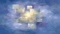 An abstract composition of a bright light explosion behind geometric squares on a blue watercolor backdrop. Ethereal, dynamic mood Royalty Free Stock Photo