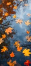 An abstract composition of colorful autumn leaves floating on a reflective water surface of a pond Royalty Free Stock Photo