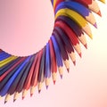 Abstract composition of curved colored pencils surrounded by light mist. Background template design. 3d rendering