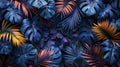 Abstract composition depicting blue tropical leaves of monstera on dark blue background. golden leaves Royalty Free Stock Photo