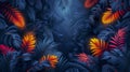 Abstract composition depicting blue tropical leaves of monstera on dark blue background. Texture of golden leaves contrasts Royalty Free Stock Photo