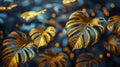 Abstract composition depicting golden tropical leaves of monstera on dark blue blurred background, bokeh. Texture Royalty Free Stock Photo