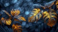 Abstract composition depicting golden tropical leaves of monstera on dark blue blurred background, bokeh. Royalty Free Stock Photo