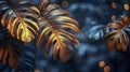 Abstract composition depicting golden tropical leaves of monstera on dark blue blurred background, bokeh. Royalty Free Stock Photo