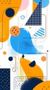 Abstract composition with dynamic shapes and patterns in blue, orange, and cream. Application: Graphic design