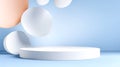 Abstract composition featuring floating spheres in soft pastel colors above a circular platform against a light blue Royalty Free Stock Photo