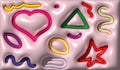 Abstract composition featuring glossy, three-dimensional shapes including a heart, star, triangle, wavy lines in various vibrant