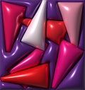 Abstract composition featuring glossy, three-dimensional triangular shapes in red, pink, white, and purple tones, creating a