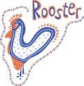 Abstract composition of a flat rooster, blue-red lettering `Rooster` and contour of the drops.