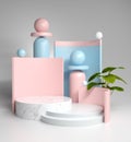 Abstract composition garden plant display pastel blank for show products and cosmetics with marble stand, 3d illustration