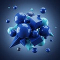 Abstract Composition of Glossy Blue Spheres, Cubes, and Pyramids Floating in Space Royalty Free Stock Photo