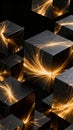 Abstract composition of glowing golden light patterns emanating from reflective black cubes against a dark background Royalty Free Stock Photo