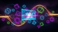 Neon geometric shapes and data visualization with glowing orange energy waves cubes polyhedra Royalty Free Stock Photo