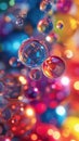 Abstract composition with many colorful random flying transparent spheres or bubbles. Colorful rainbow matte soft balls