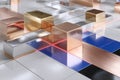 Abstract composition of metallic blocks with reflective surfaces and colorful lines. Royalty Free Stock Photo