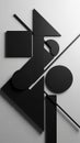 Abstract composition of overlapping black geometric shapes including squares triangles circles and lines against a stark white Royalty Free Stock Photo