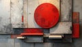 Abstract composition with red circle and gray textured panels. Geometric shapes form modern art. Red and gray contrast creates Royalty Free Stock Photo