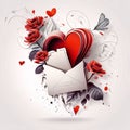 Abstract composition, red roses, heart envelope, flowers, butterflies. Heart as a symbol of affection and